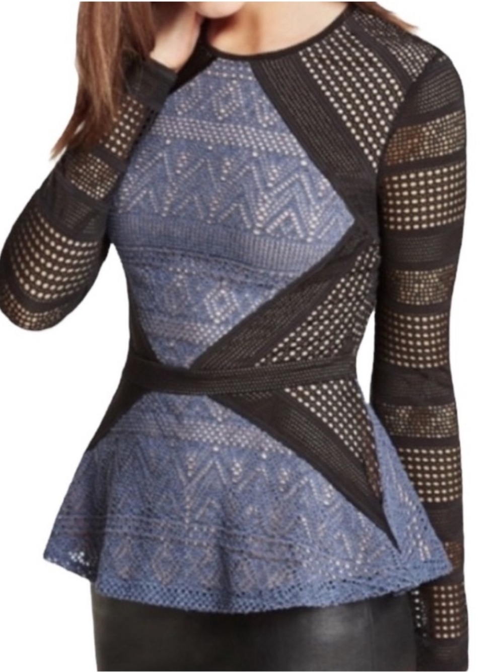 BCBGMaxAzria Black and Blue Lace-Inset Long Sleeve Peplum Top